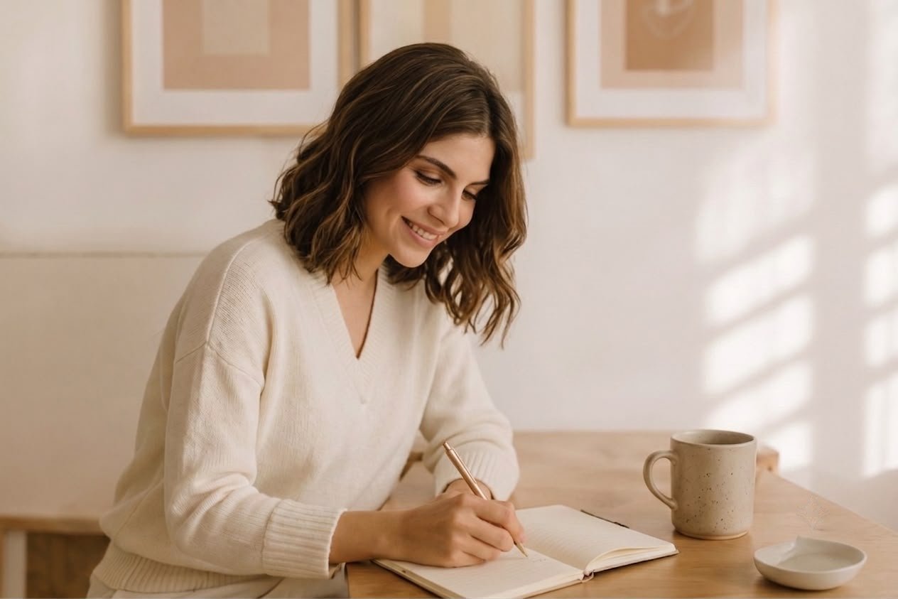 Alexa escribiendo en su libreta junto a una ventana con luz natural